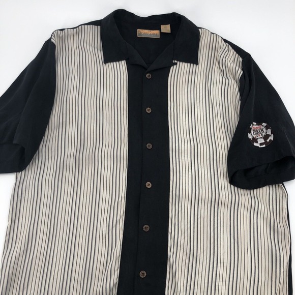Bobby Chan World Series Poker Silk Button Front Shirt XL Black Ivory Stripe WSOP - Picture 5 of 13
